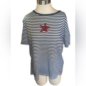 Talbots Striped Blue/White T-shirt sequins starfish 14-16W Cotton nautical EUC